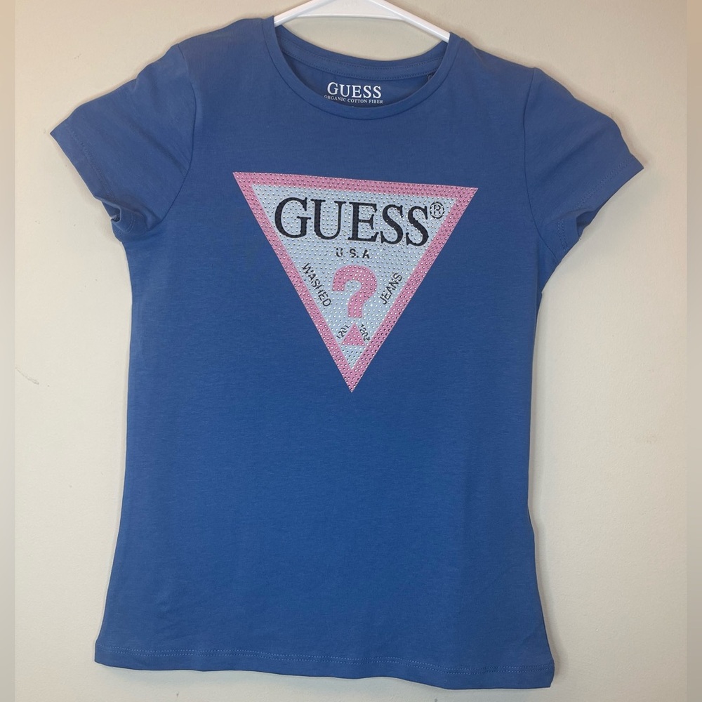 GUESS Kids Blue T-Shirt with Pink Logo Size 8